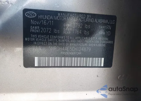 2012 Hyundai Elantra Gls z USA, uszkodzony, nr VIN 5NPDH4AE5CH124879